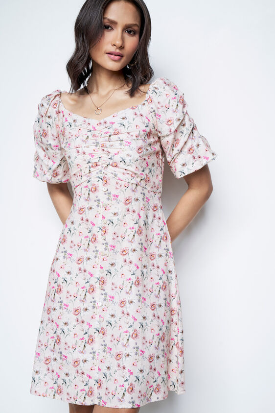 Cream And Red Floral Flared Dress, Cream, image 1